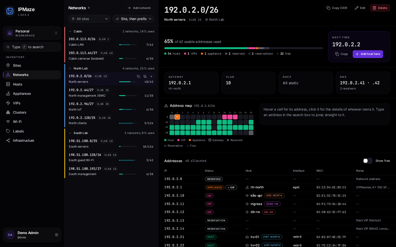 IPMaze network view with an address map and host list