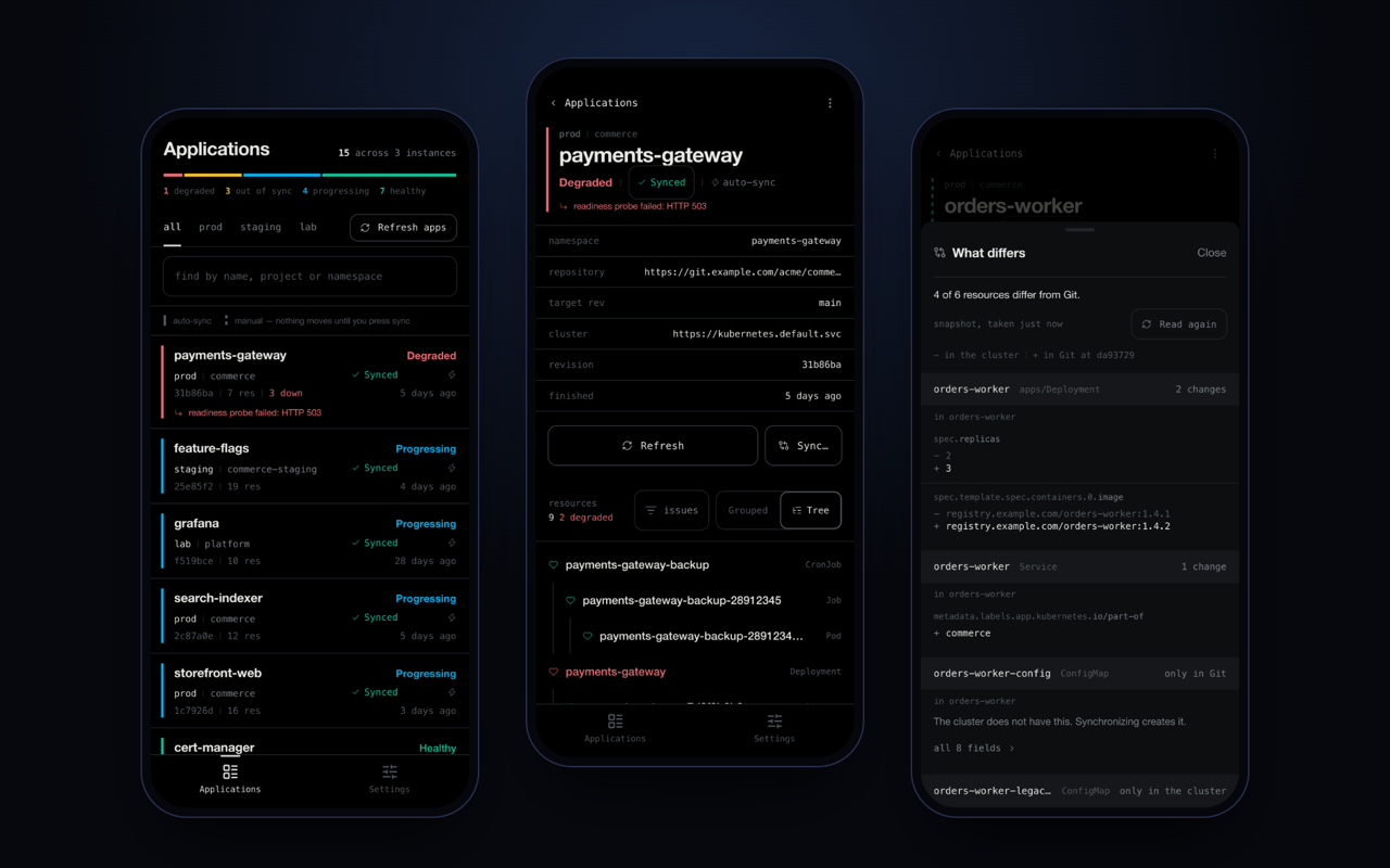 MazeCD on three phones: application list, resource tree and diff from Git